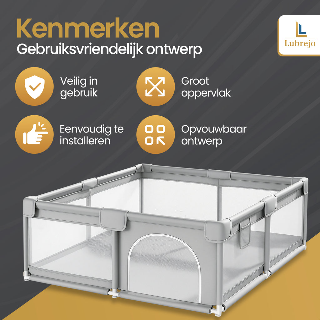 Grondbox - Speelbox - Playpen - Kinderbox - Baby box - Veilige kinderbox met Zachte Vloer - Grijs - Inclusief 50 Speelballen - 120x120cm